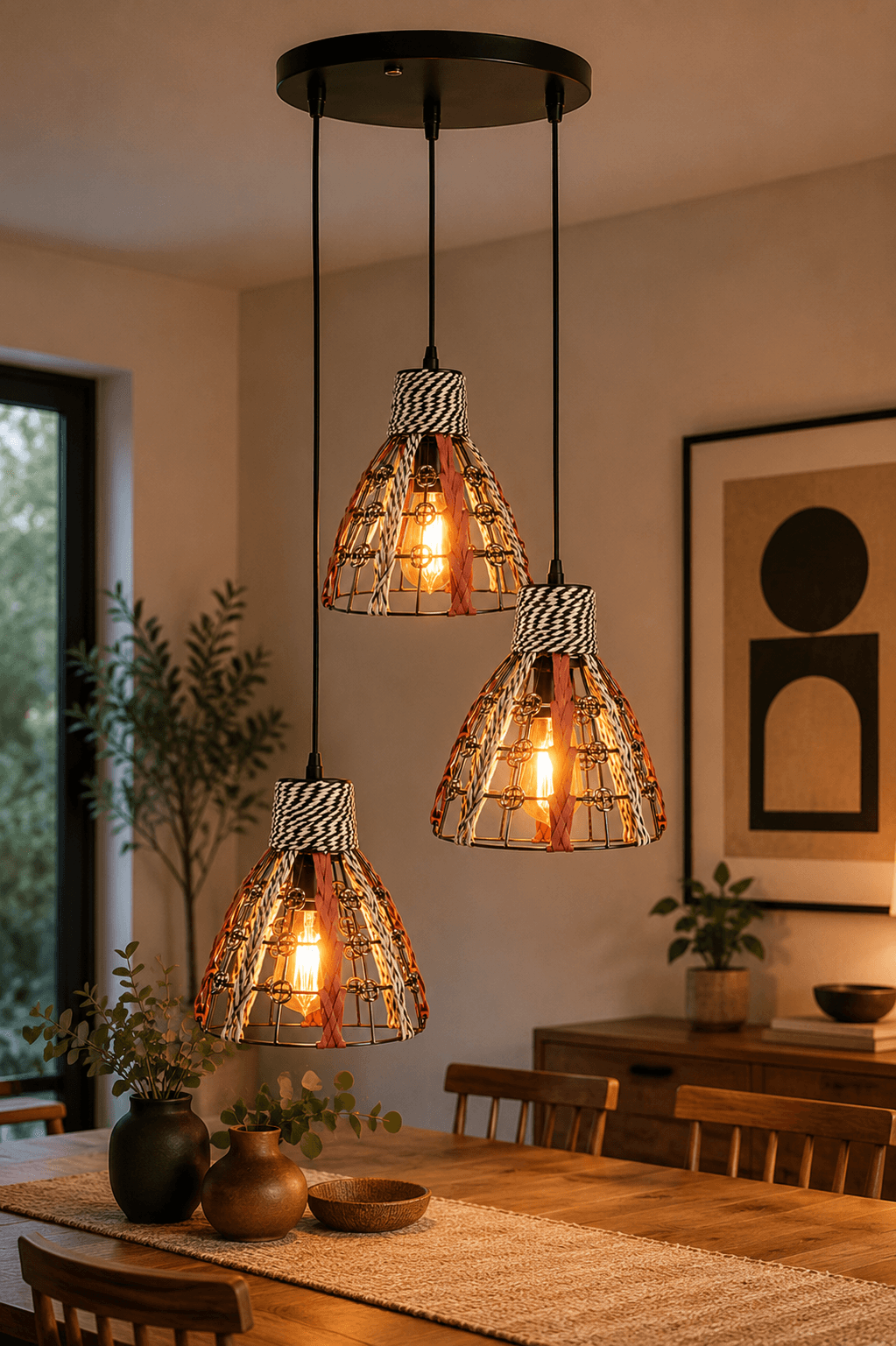 Lámpara Colgante Artesanal Mimbre 3 Luces