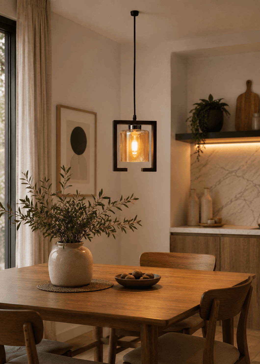 Lámpara Colgante de Madera y Vidrio Ámbar 1 Luz