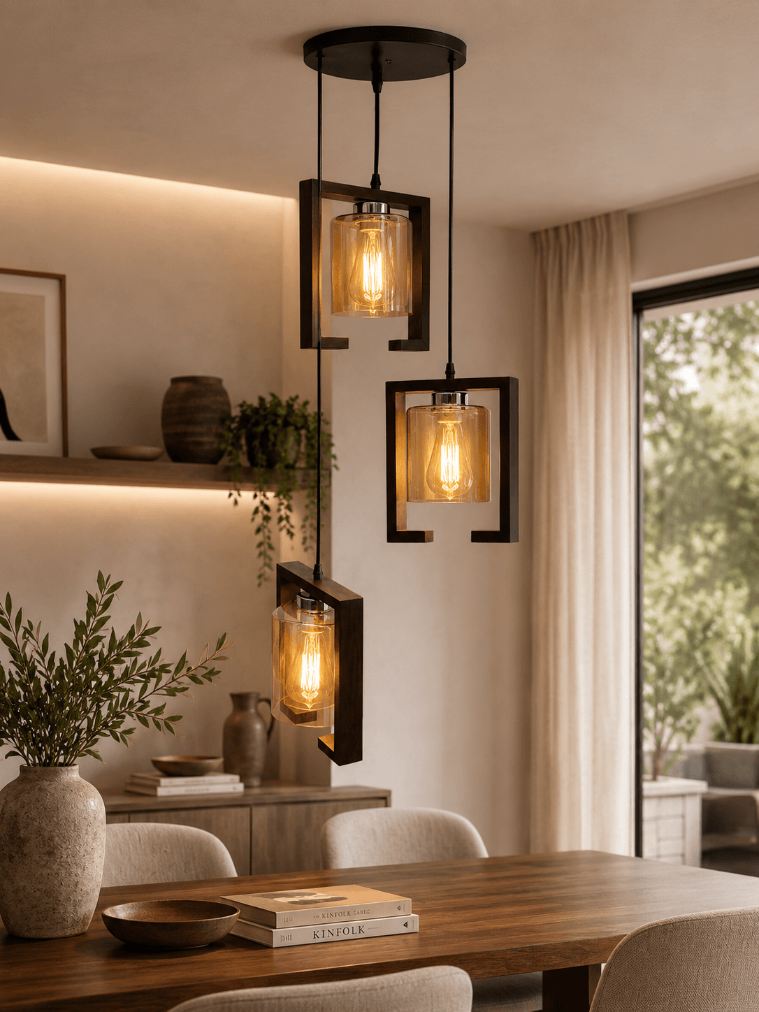 Lámpara Colgante de Madera y Vidrio Ámbar 3 Luces