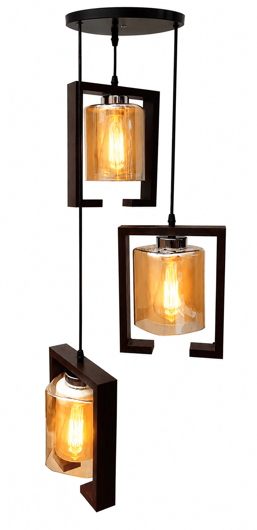 Lámpara Colgante de Madera y Vidrio Ámbar 3 Luces