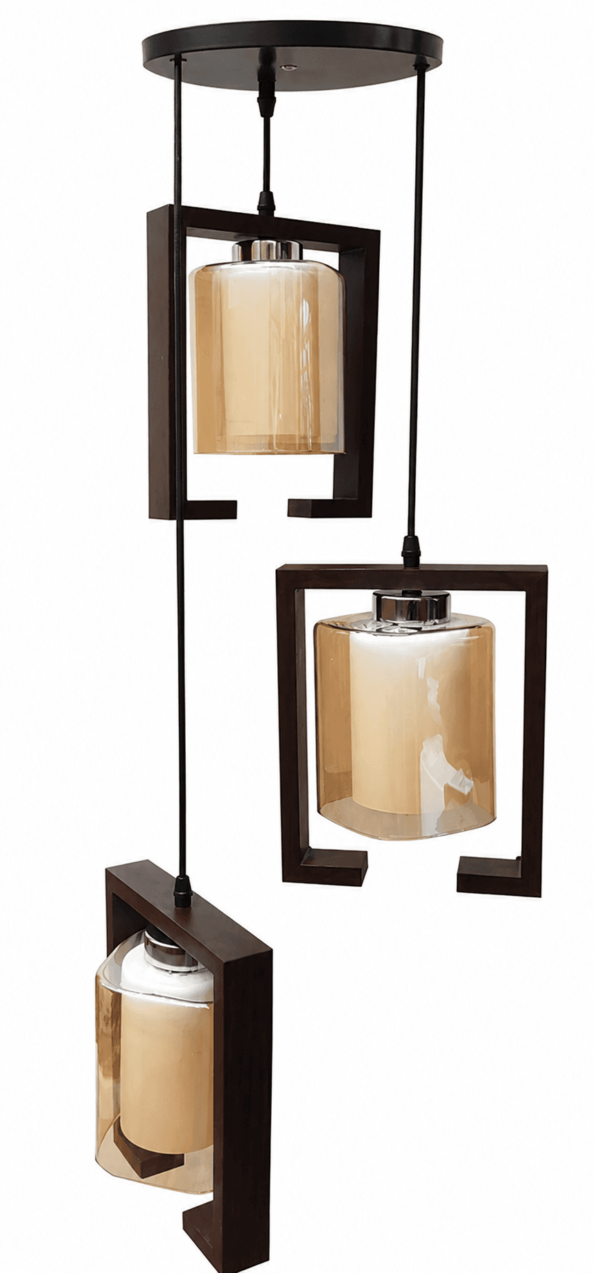 Lámpara Colgante de Madera y Vidrio Ámbar 3 Luces