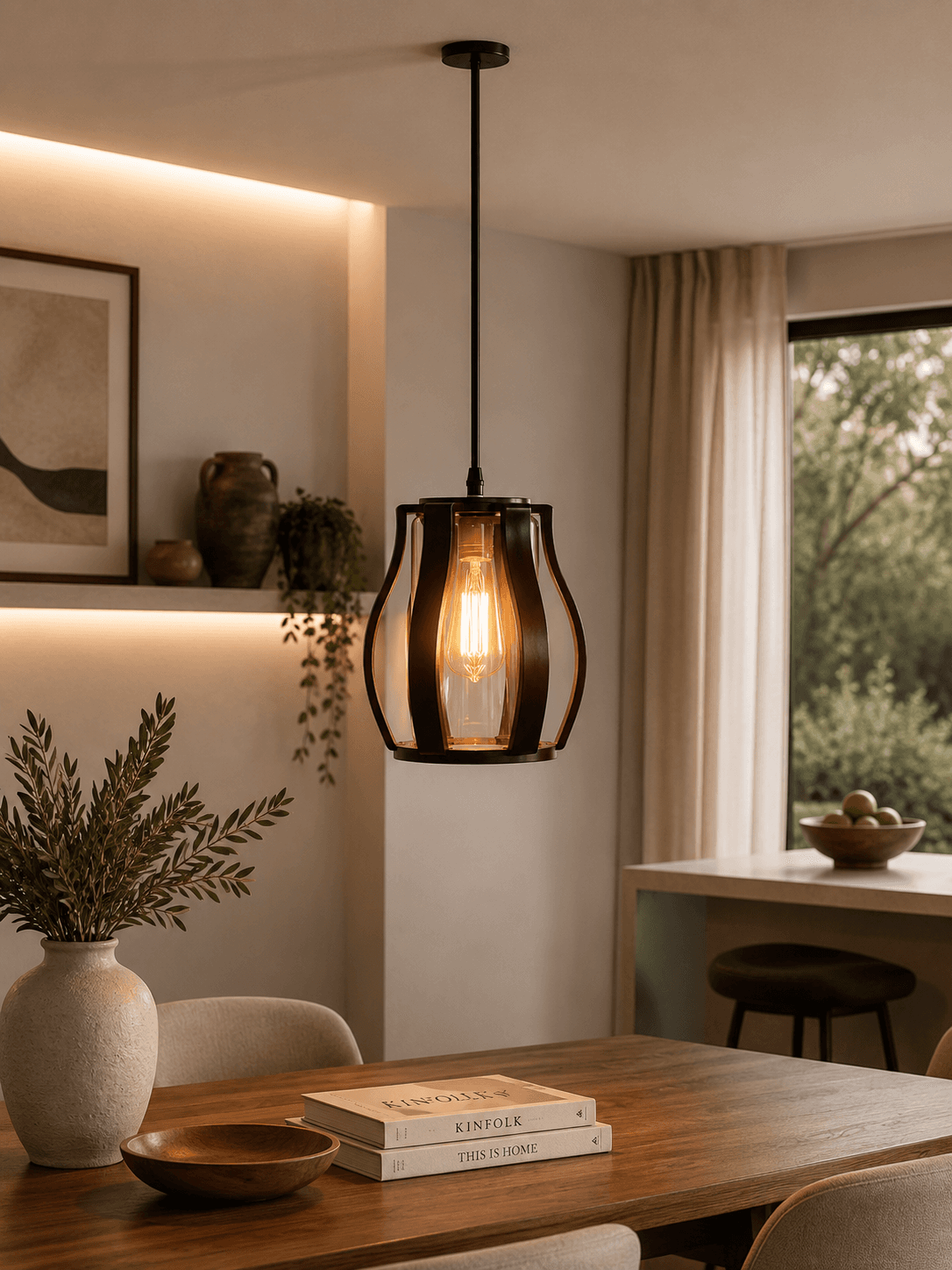 Lámpara Colgante de Madera Curva Vidrio Ámbar 1 Luz
