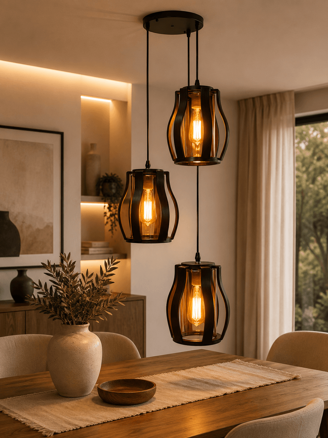 Lámpara Colgante de Madera Curva Vidrio Ámbar 3 Luces