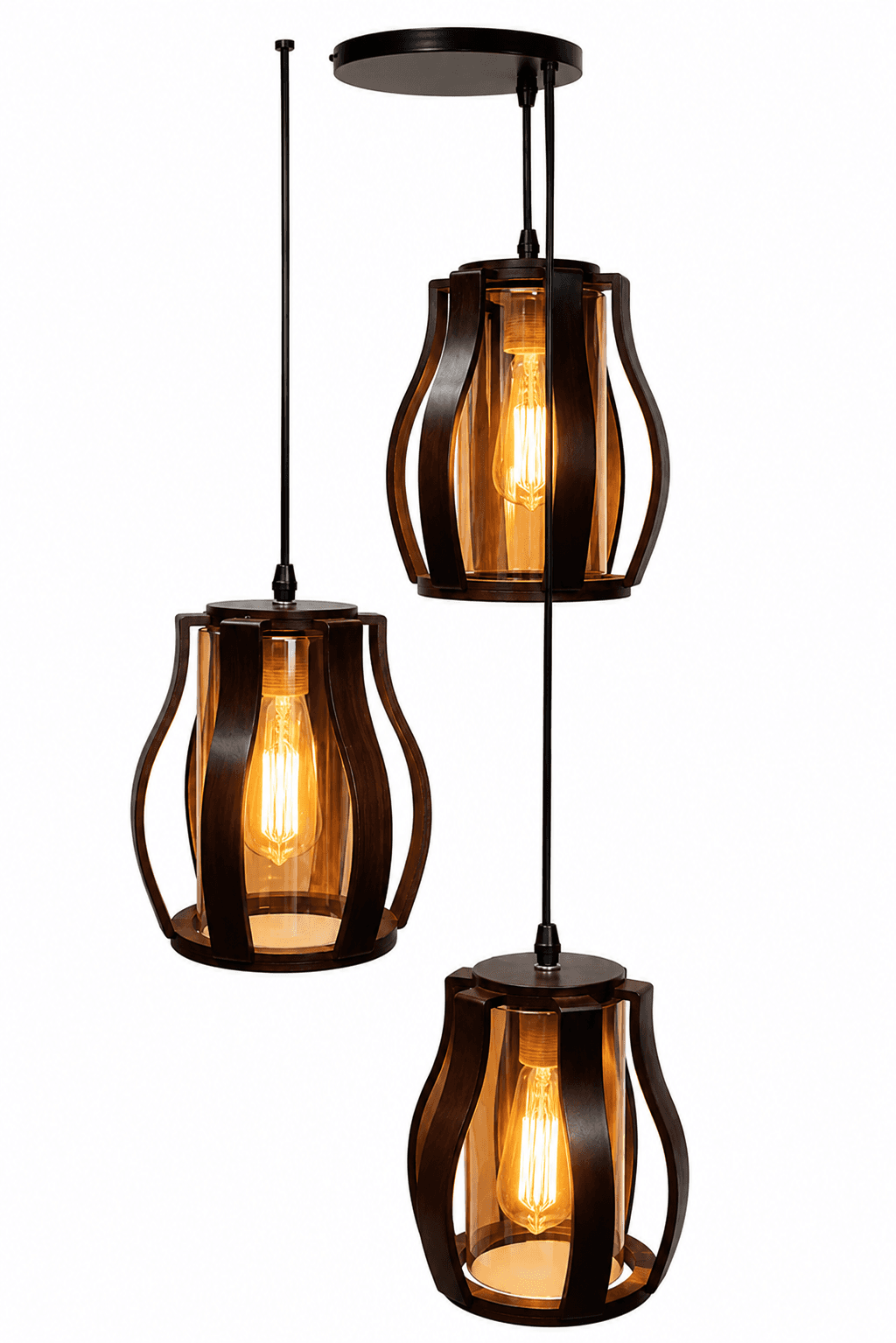 Lámpara Colgante de Madera Curva Vidrio Ámbar 3 Luces