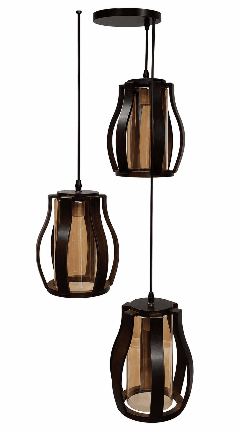 Lámpara Colgante de Madera Curva Vidrio Ámbar 3 Luces